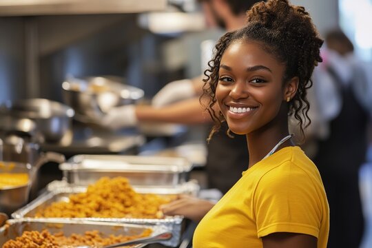 Smiling female volunteer serving food at charity event