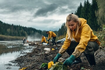 Young woman cleaning river bank with group, environmental work