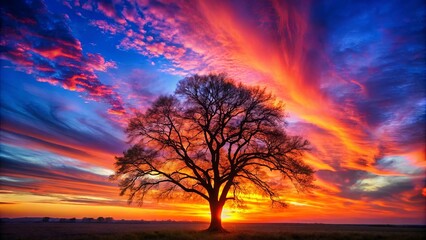 Obraz premium Silhouetted Tree Standing Tall Against a Vibrant Sunset Sky, Painting the Clouds with Hues of Crimson and Azure