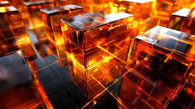 An image showcasing an intricate 3D abstract geometric structure with metallic finishes, showcasing a variety of angles and reflective surfaces that create a visually stunning and dynamic composition.