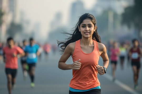 Young woman running in charity marathon race, city background