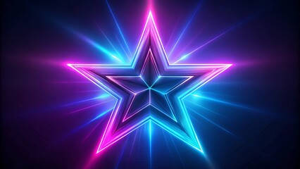 A radiant, multi-faceted star with glowing blue and pink neon outlines on a deep, vibrant purple background.