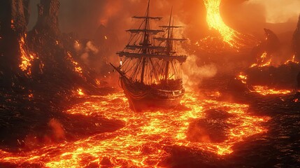 Obraz premium A Ship Sailing on a Sea of Molten Lava