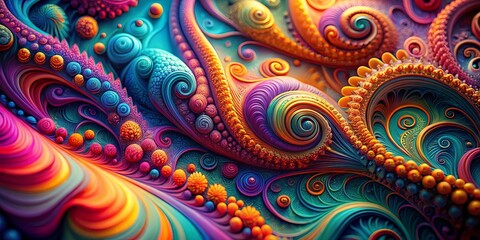 Naklejka premium A Tapestry of Vivid Hues, Intertwining Spirals and Spheres in an Abstract Symphony of Color