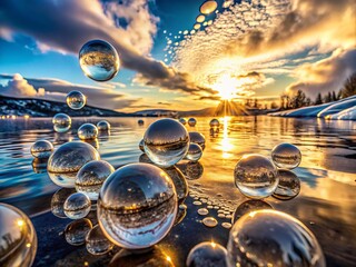 Surreal Abstract Photography of Frozen Air Bubbles in Water, Dreamlike Composition, Fluidity, Nature's Art, Ethereal Beauty, Captivating Textures, Minimalist Aesthetics, Unique Visuals