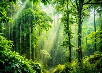 Obraz premium Double Exposure of Gentle Rain on Lush Green Forest, Nature's Tranquility, Peaceful Weather, Serene Landscape, Environmental Beauty, Rainy Days, Refreshing Atmosphere