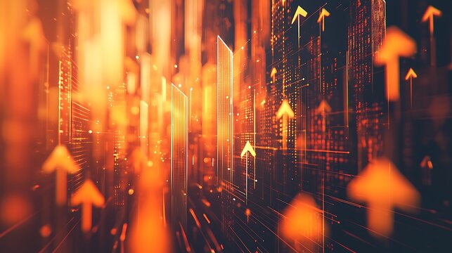 This stock photo features a visually compelling abstract representation of financial growth, with a series of upward pointing arrows overlaid on dynamic, intricate patterns.