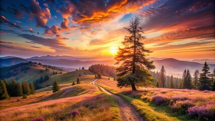 A winding path leads through a vibrant meadow towards a majestic mountain range silhouetted against a fiery sunset, casting long shadows across the landscape.