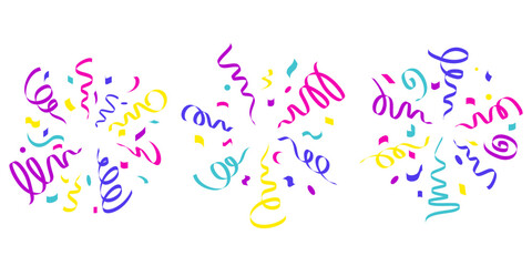 Confetti vector explosion. Radial elements for birthday party and carnival celebration on white background. Falling colored serpentine and burst of firework for surprise and gift decoration