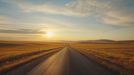 A Lonely Road Stretching Towards the Sunset in a Vast Field