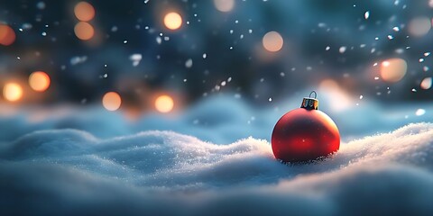 Christmas Ornament on Snow with Blurred Background and Copy Space