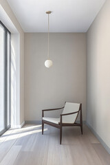 Fototapeta premium A minimalist corner with a wooden chair and modern pendant light in a bright room