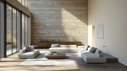 Modern minimalist living room with natural light and wooden accents in a spacious interior design