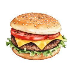 Collection of PNG. Watercolor painting of A Double Cheese Hamburger, isolated on a transparency background.