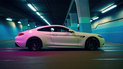 White Sports Car Under Neon Lights