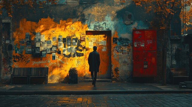 A solitary figure walks towards a fiery, graffiti-covered wall with a door leading to an unknown destination.