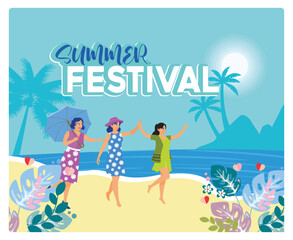 Several young women playing on the beach. Nice summer vacation. Summer concept. Flat vector illustration.