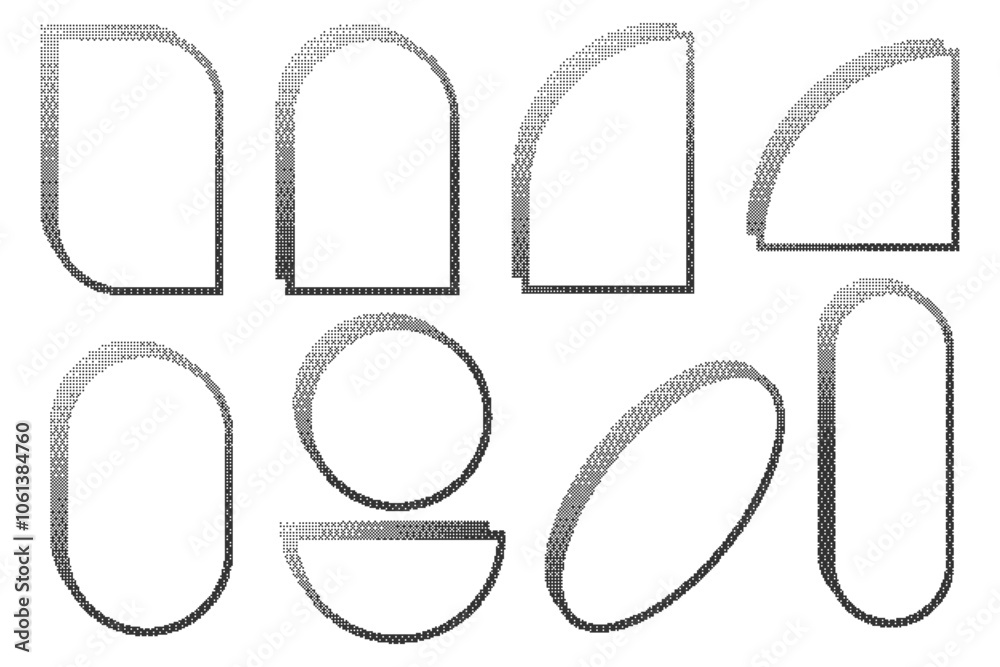 Poster pixel pattern frames. bitmap arch windows on white background. noisy arcade game gradient arc. dotte