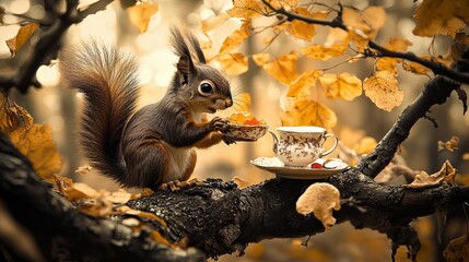 Obraz premium Squirrel Enjoying Tea and Treats on a Tree Branch in Autumn