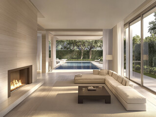 Modern living room with fireplace overlooking a serene poolside view in a sunny location