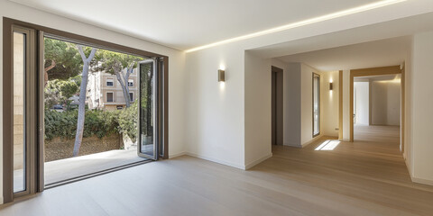 Fototapeta premium Modern interior of a spacious living area with large windows and natural light during daytime