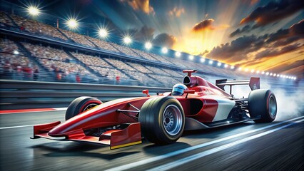 Dynamic Racing Car with Striking White and Red Decals, High-Speed Action, Perfect for Automotive and Sports Themes, Capture the Thrill of the Race with Bold Color Contrasts and Motion Blur
