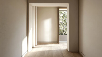 Bright hallway in a modern home with natural light illuminating the wooden floor and walls