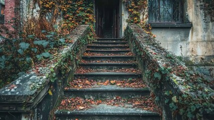 Overgrown Stone Steps Leading to an Abandoned House Entrance