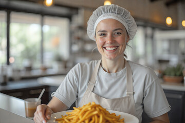 Lunch lady serving background, friendly cafeteria worker in a hairnet serving food with a smile, warm and welcoming