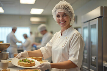 Cafeteria worker smiling while serving food, inviting and friendly lunch atmosphere