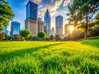Fototapeta premium Urban Exploration Photography: Beautifully Maintained Lawn with Lush Green Grass and Urban Backdrop, Capturing the Essence of City Parks and Nature in Urban Settings