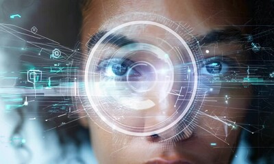 portrait photo of woman's face with facial recognition, identity face scanner - Powered by Adobe