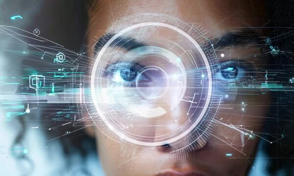 portrait photo of woman's face with facial recognition, identity face scanner