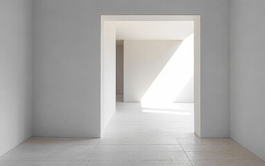 Bright sunlight streams through a minimalist doorway in a spacious, modern interior