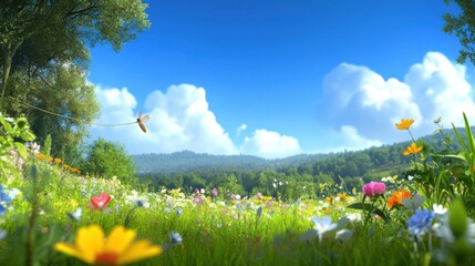 Fototapeta premium A vibrant, sunny meadow filled with colorful flowers and lush greenery under a bright blue sky dotted with fluffy clouds.