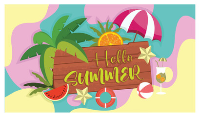Colorful summer elements. Hello summer text on vintage wood. Summer concept. Flat vector illustration.
