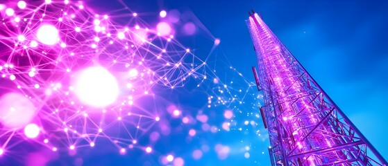 A tower with a purple top and a pink background