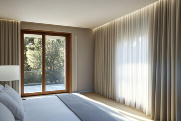 Fototapeta premium Modern bedroom interior with large windows and soft natural lighting in a serene setting