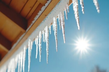 Icicles hanging from the roof of a wooden cabin, sparkling in the winter sun