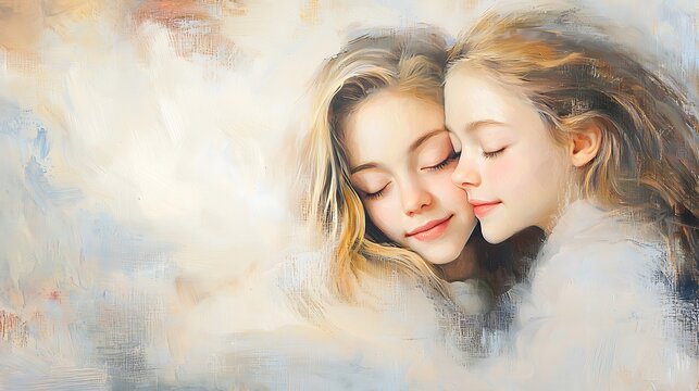 Artistically rendered with a focus on emotion and intimacy, this abstract portrait of a mother and daughter conveys the deep and enduring love shared between them through soft, soothing colors.