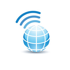 This is a logo design of a globe shape with a wi-fi signal on top of it in metallic blue color on a white background