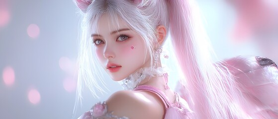 Fototapeta premium A woman with long hair and a pink outfit