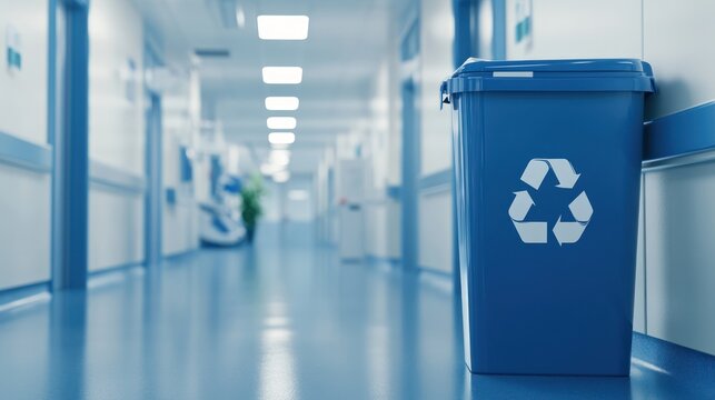 Blue Recycling Bin in Hospital Corridor