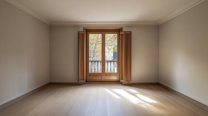 Fototapeta premium Spacious room with wooden accents and natural light streaming through balcony doors