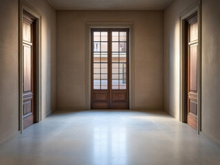 Obraz premium Sunlight stream through elegant double doors in a minimalist hallway at an art gallery