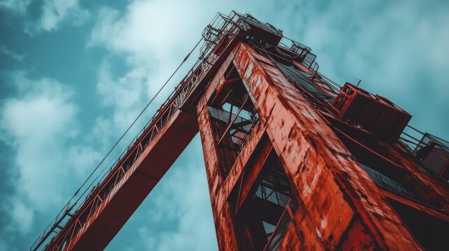Low angle shot of a rusty red metal structure against a cloudy sky. - Powered by Adobe