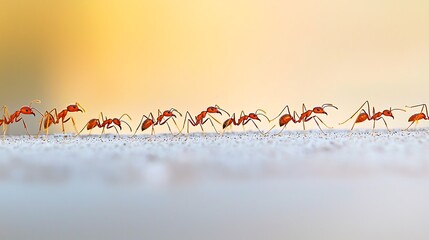 A captivating close up view of a row of ants walking in unison on a white surface, showcasing the beauty of their teamwork and unity