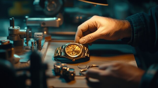 Close-up of a watchmaker's hands working on a luxury watch.