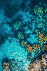 Fototapeta premium Vertical Top-Down View of Coral Reefs and Clear Blue Sea.