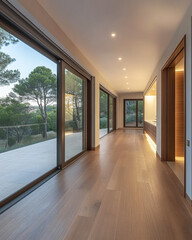 Obraz premium Modern hallway with large windows showcasing natural surroundings in a contemporary home